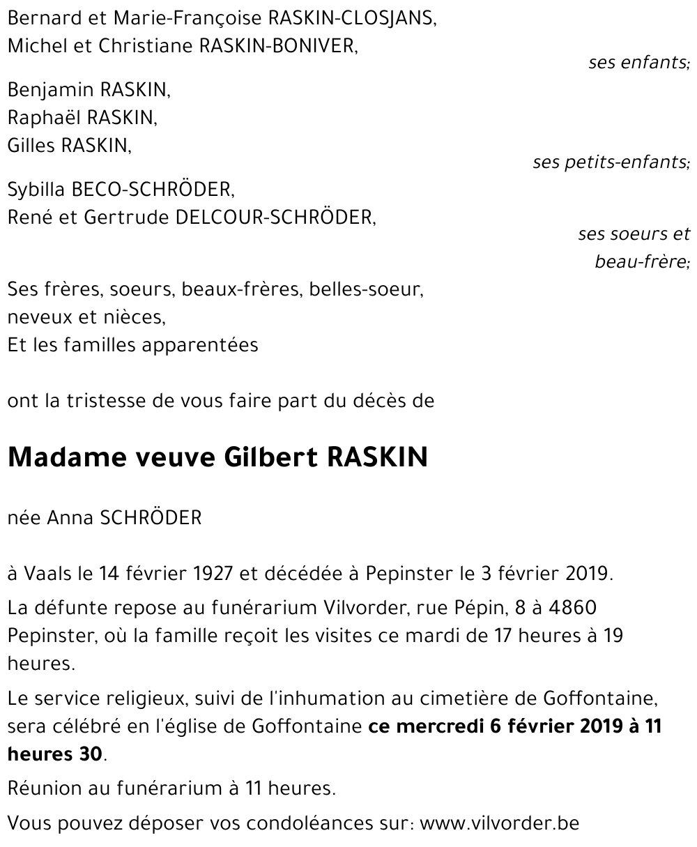 veuve Gilbert RASKIN