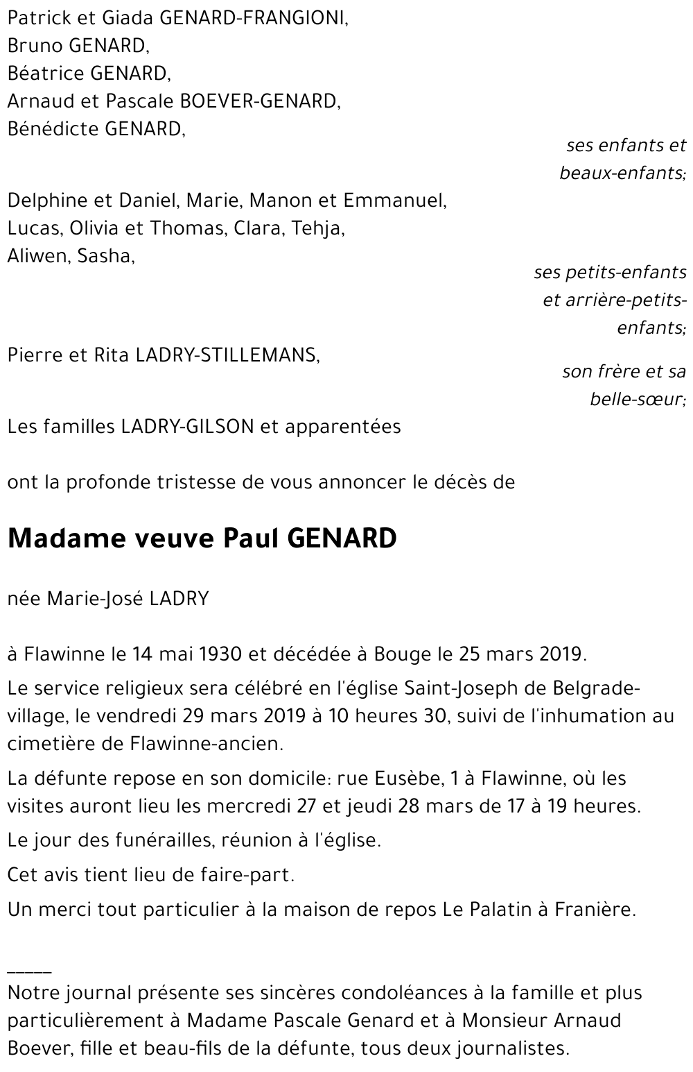 veuve Paul GENARD