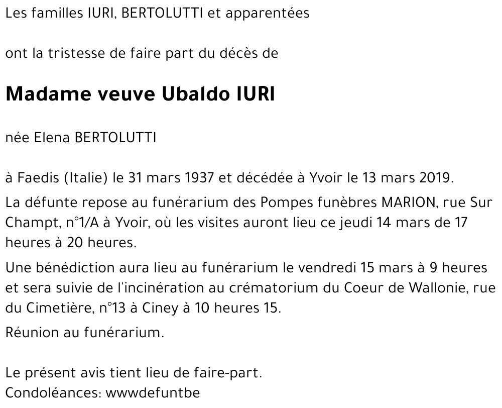 veuve Ubaldo IURI