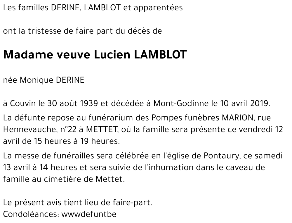 veuve Lucien LAMBLOT