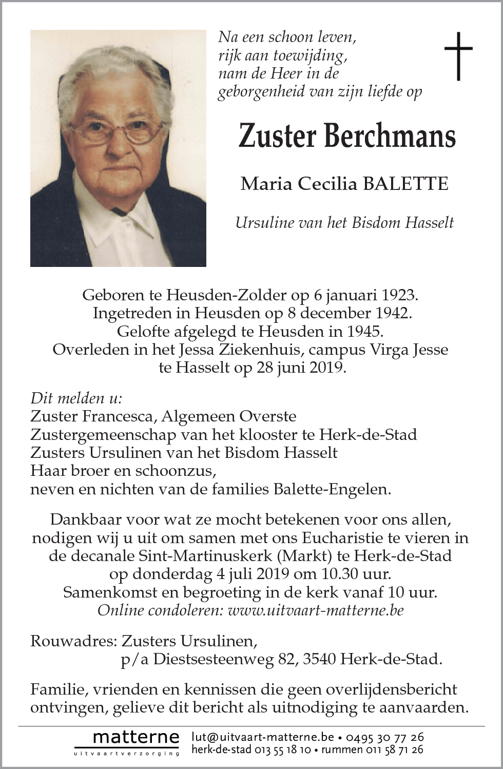 Zuster Berchmans Maria Cecilia Balette