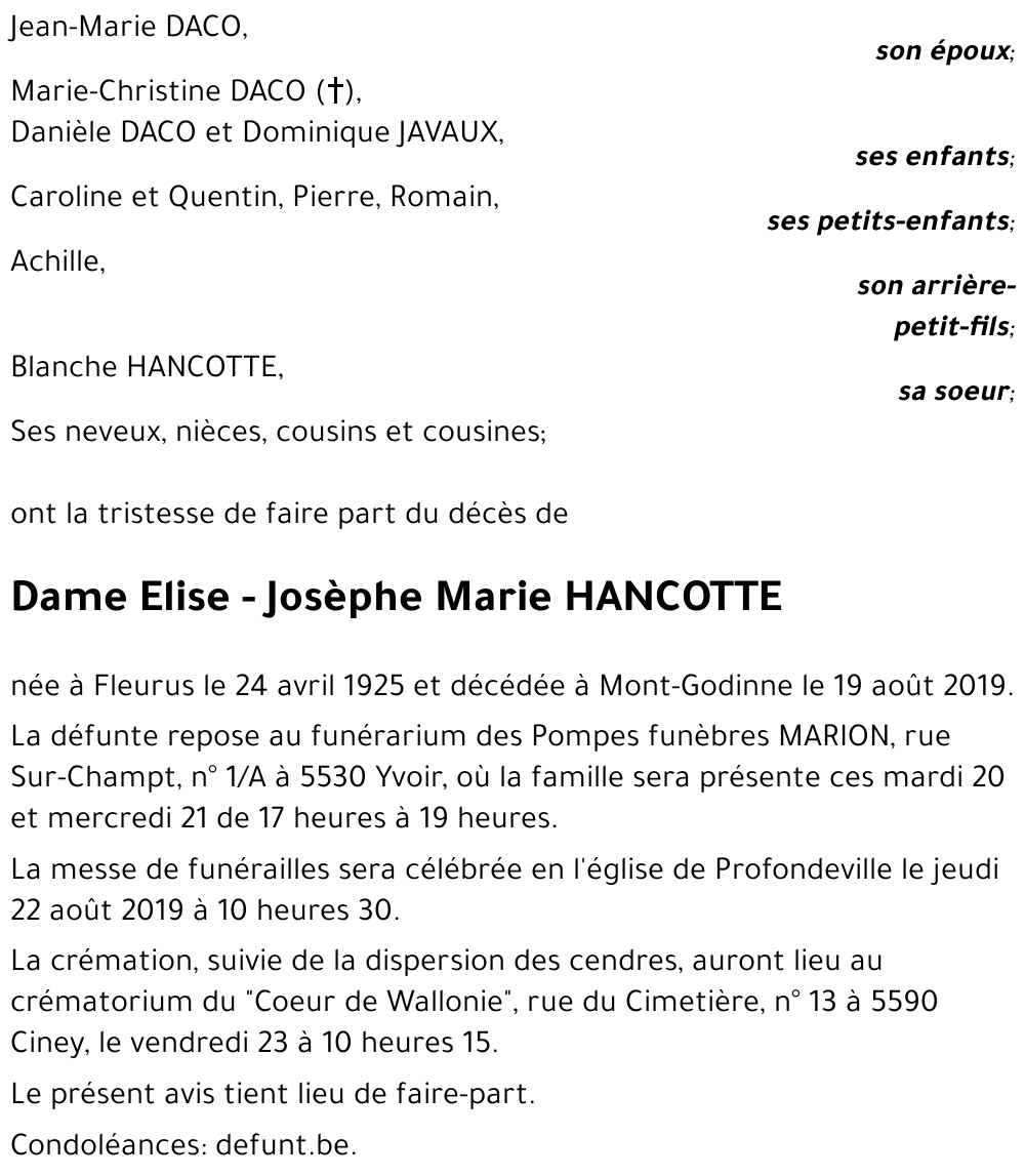 Dame Elise - Josèphe - Marie HANCOTTE