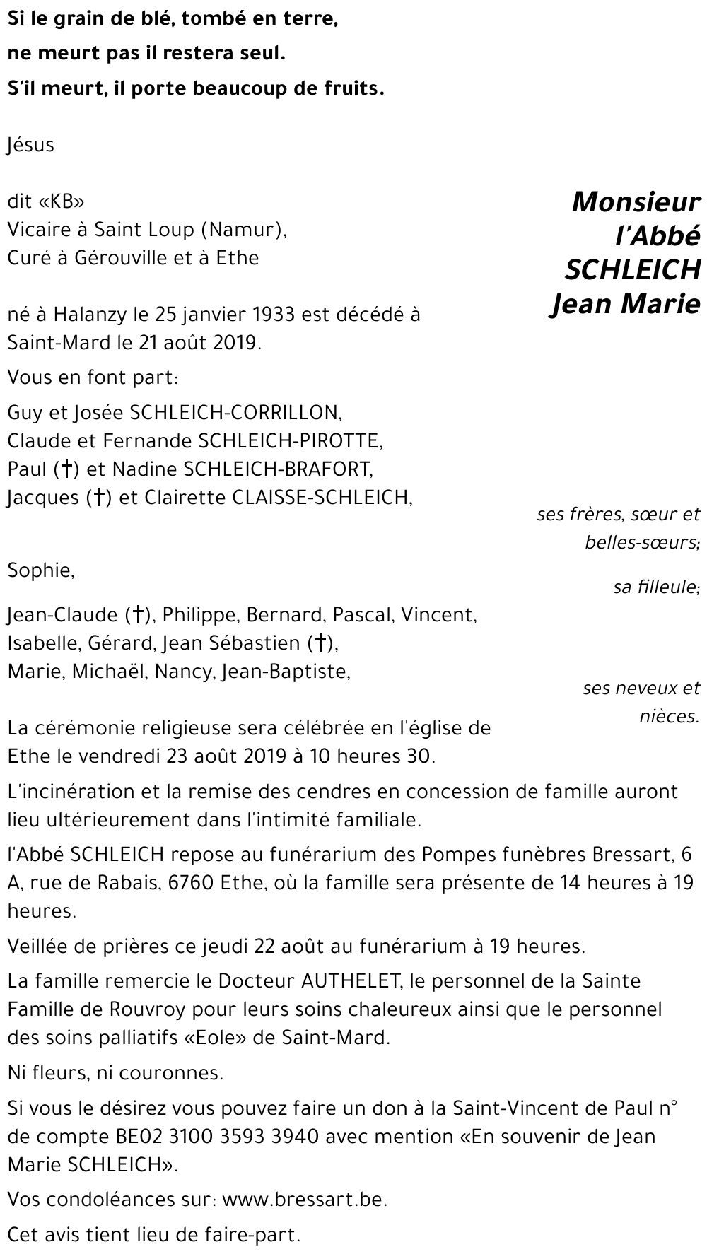 l'Abbé SCHLEICH Jean Marie dit « KB » 