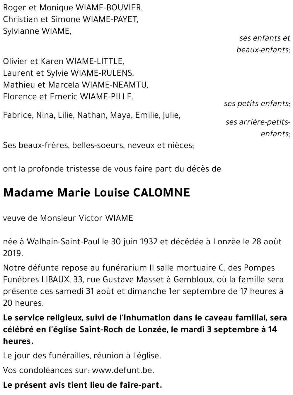 Marie Louise CALOMNE