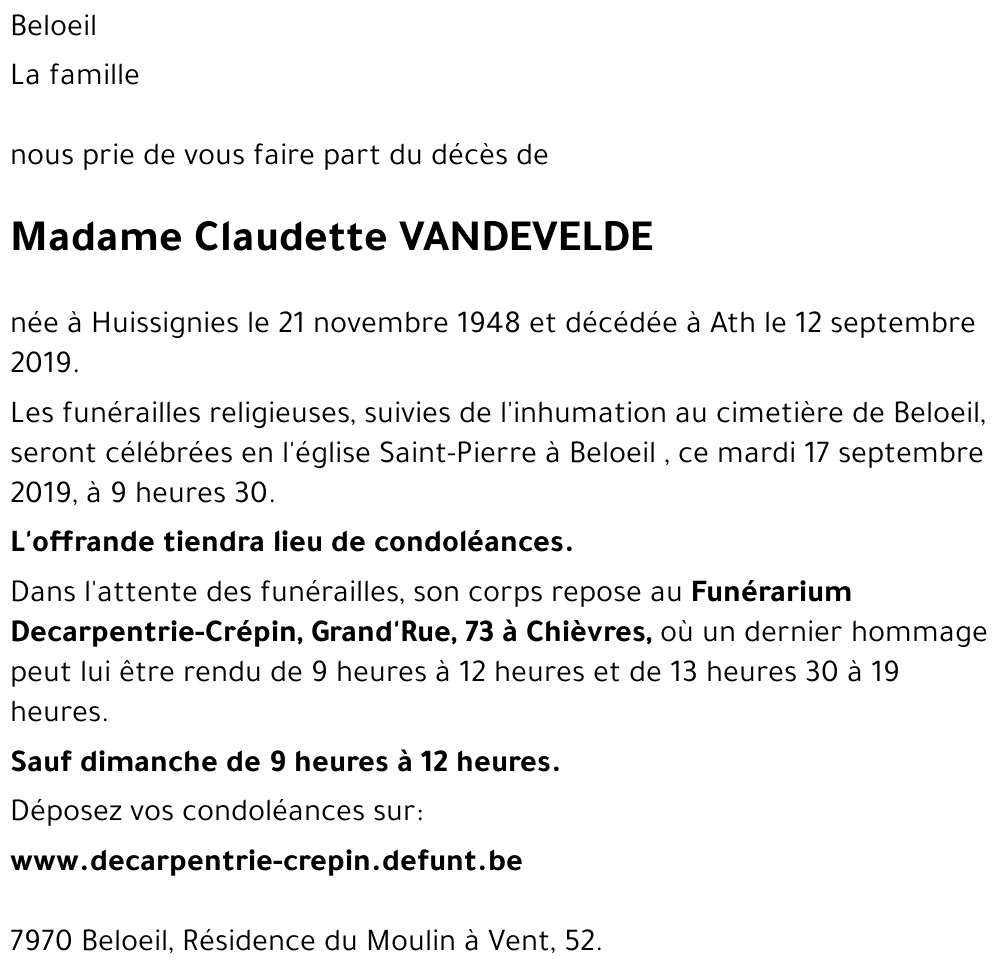 Claudette VANDEVELDE