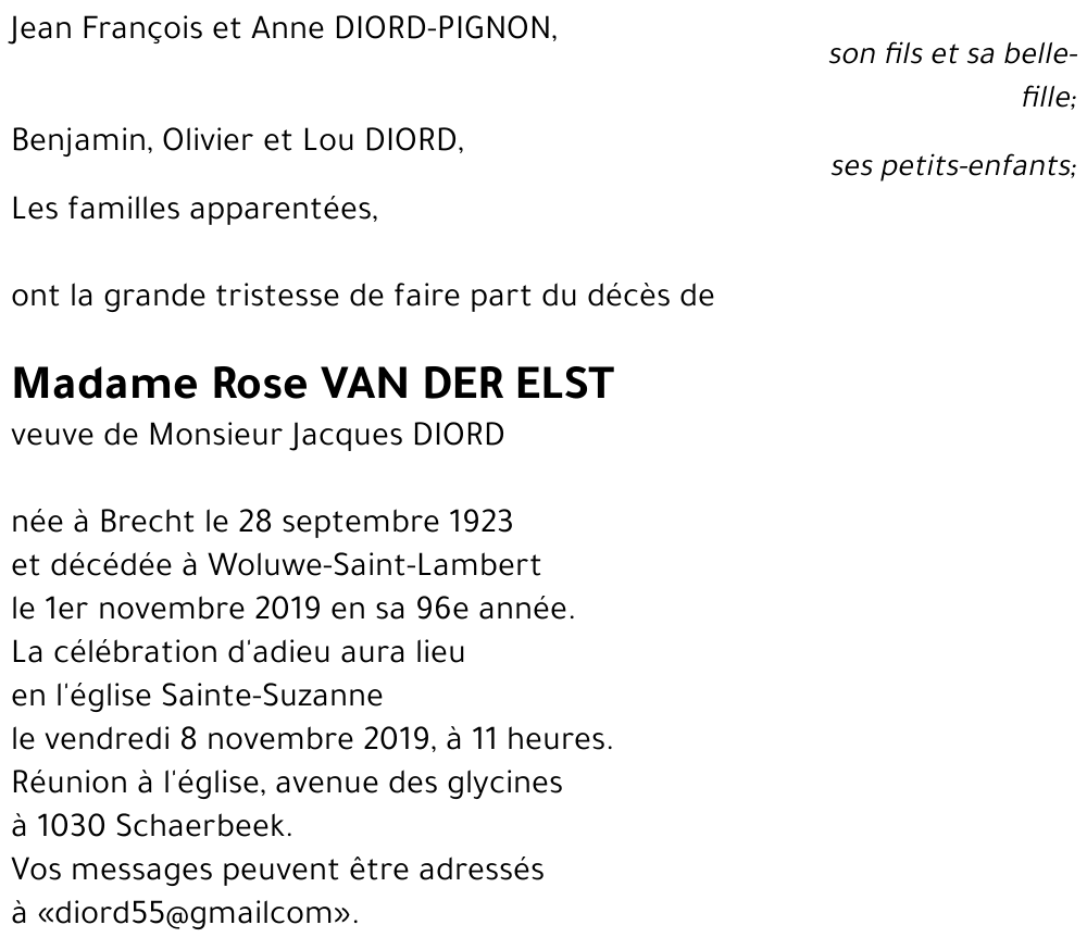 Rose VAN DER ELST veuve de Jacques DIORD