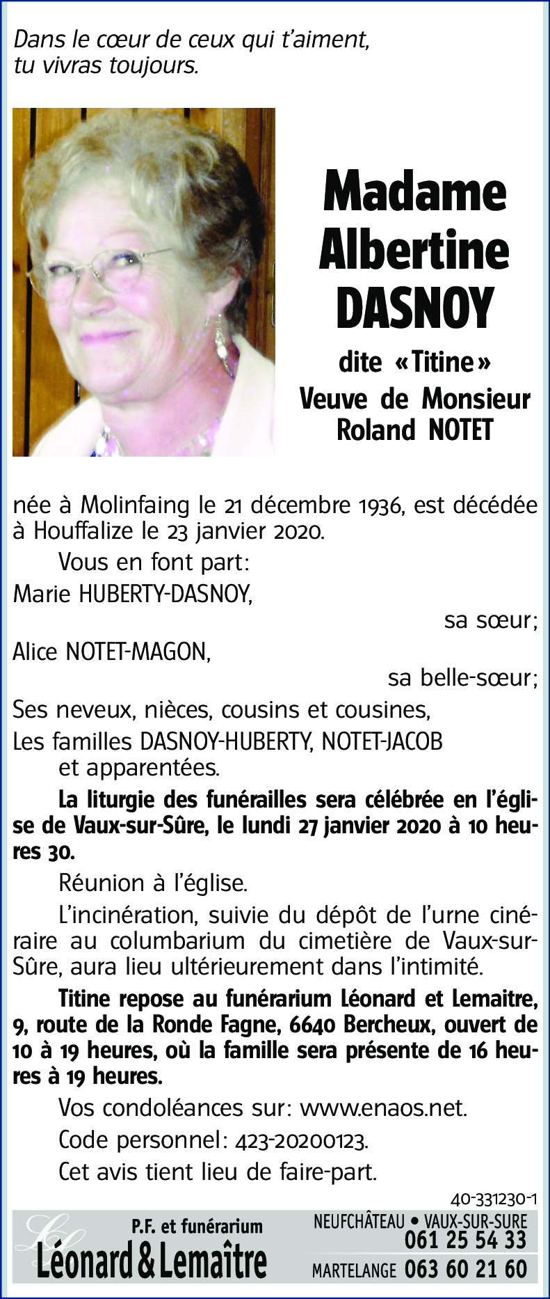 Titine (née Albertine) DASNOY