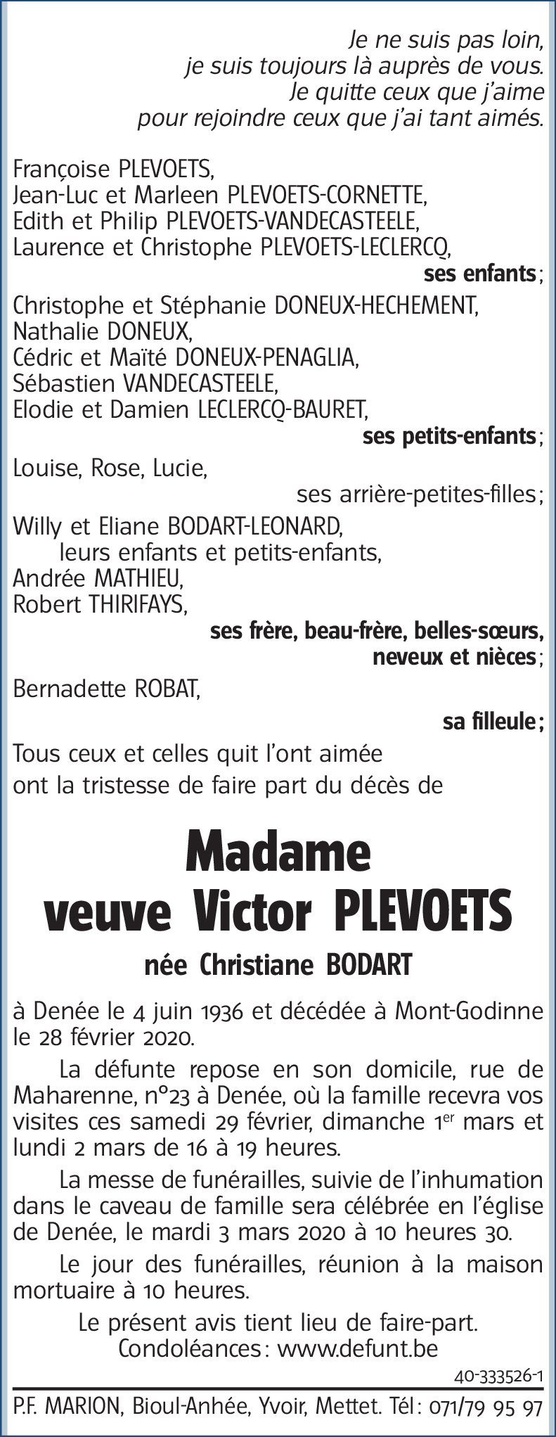 veuve Victor PLEVOETS