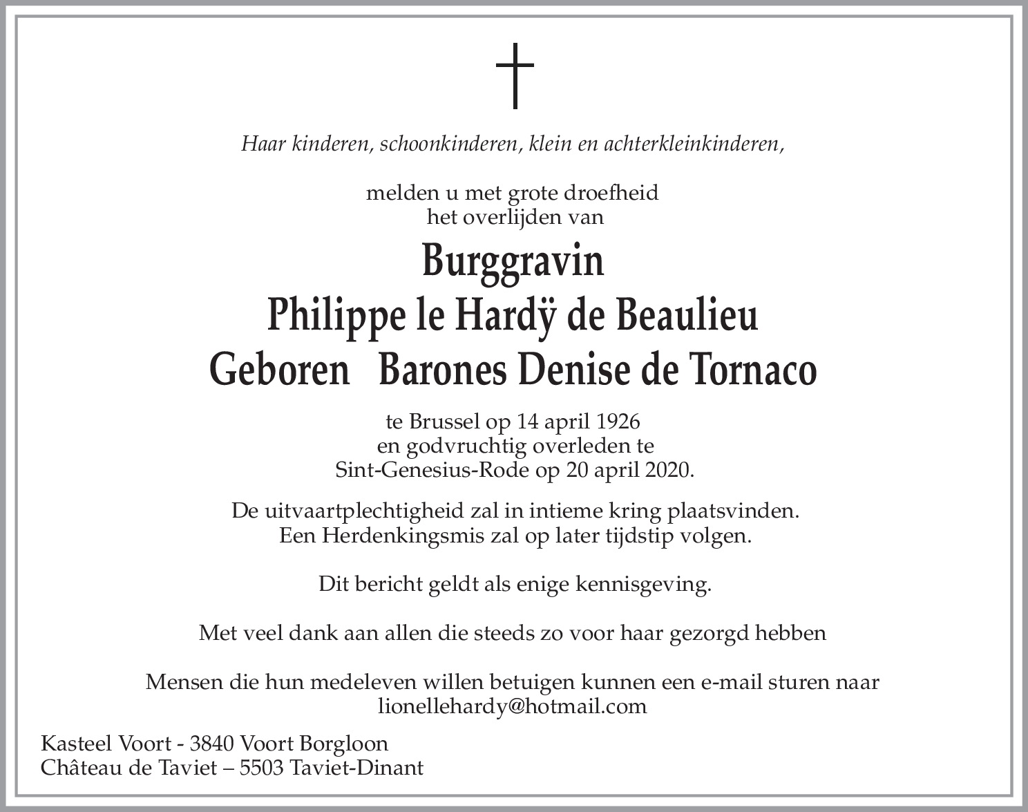 Philippe le Hardÿ de Beaulieu Geboren Barones Denise de Tornaco