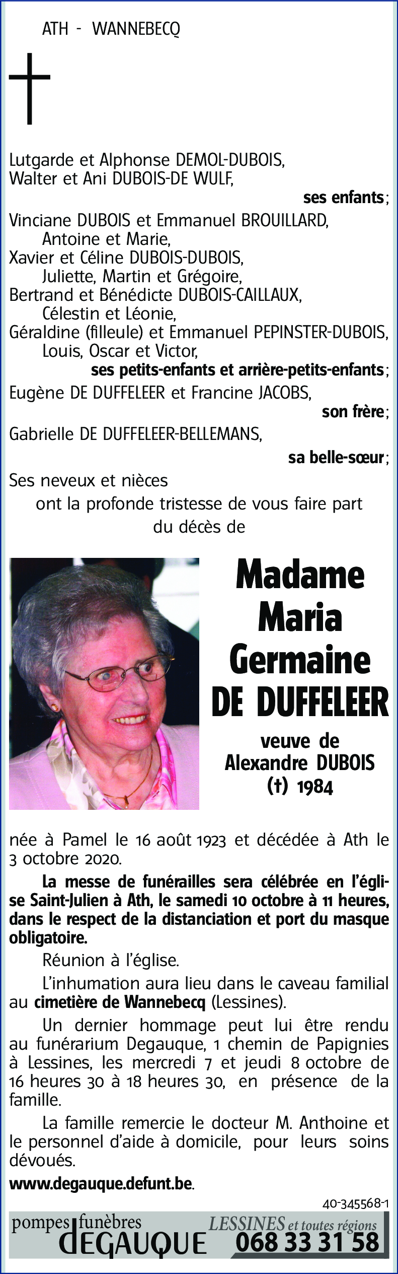 DE DUFFELEER Maria Germaine