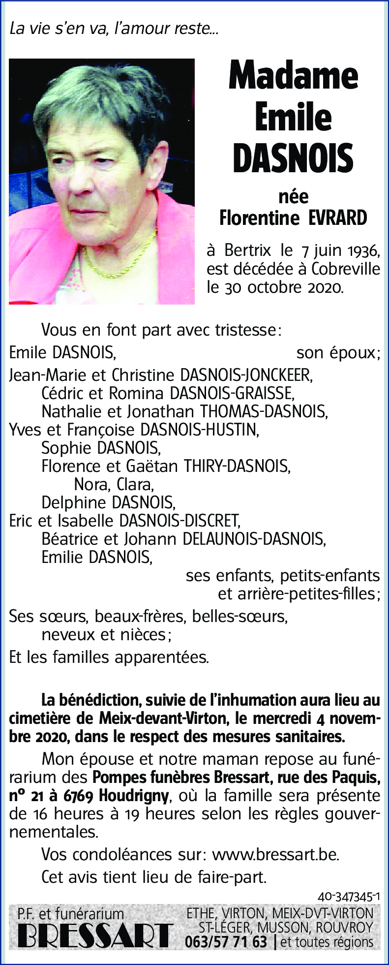 Emile DASNOIS Née Florentine EVRARD