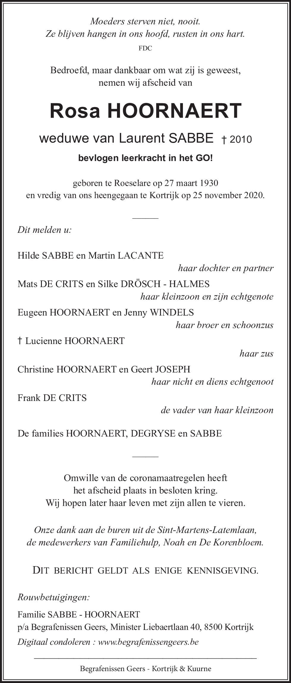 Rosa SABBE - HOORNAERT