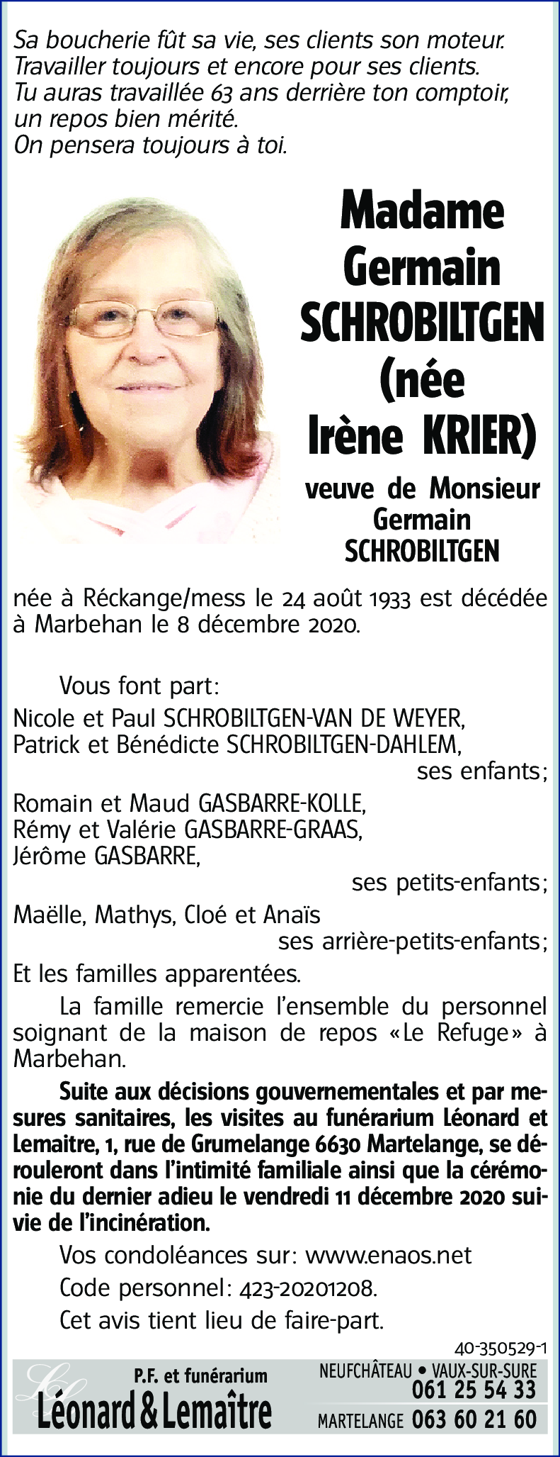 Germain SCHROBILTGEN (née Irène KRIER)