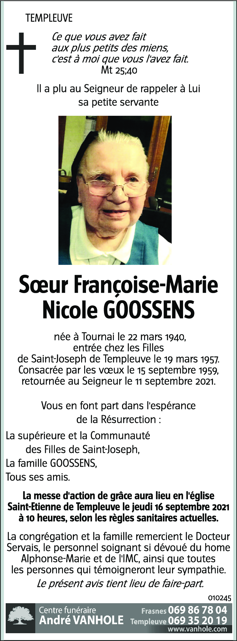 Soeur Françoise-Marie GOOSSENS