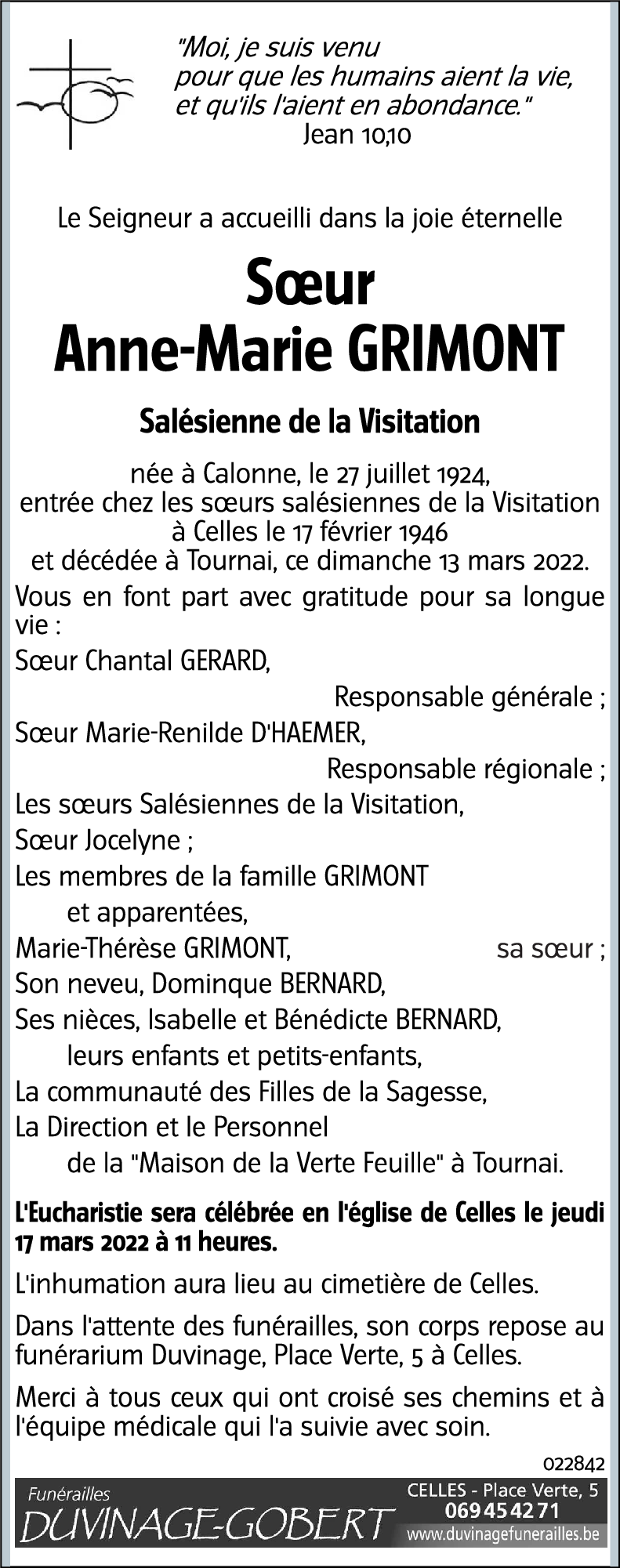 Soeur Anne-Marie GRIMONT