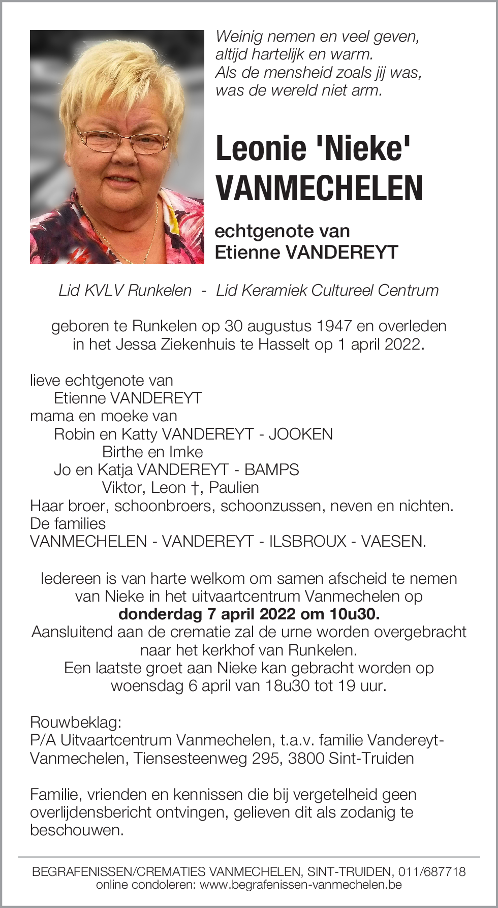 Leonie 'Nieke' VANMECHELEN