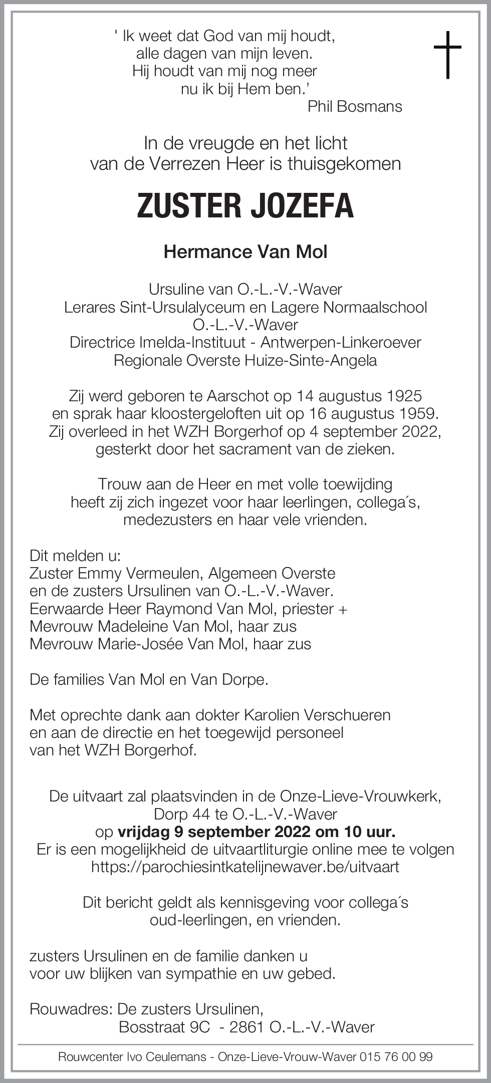 ZUSTER JOZEFA Hermance Van Mol