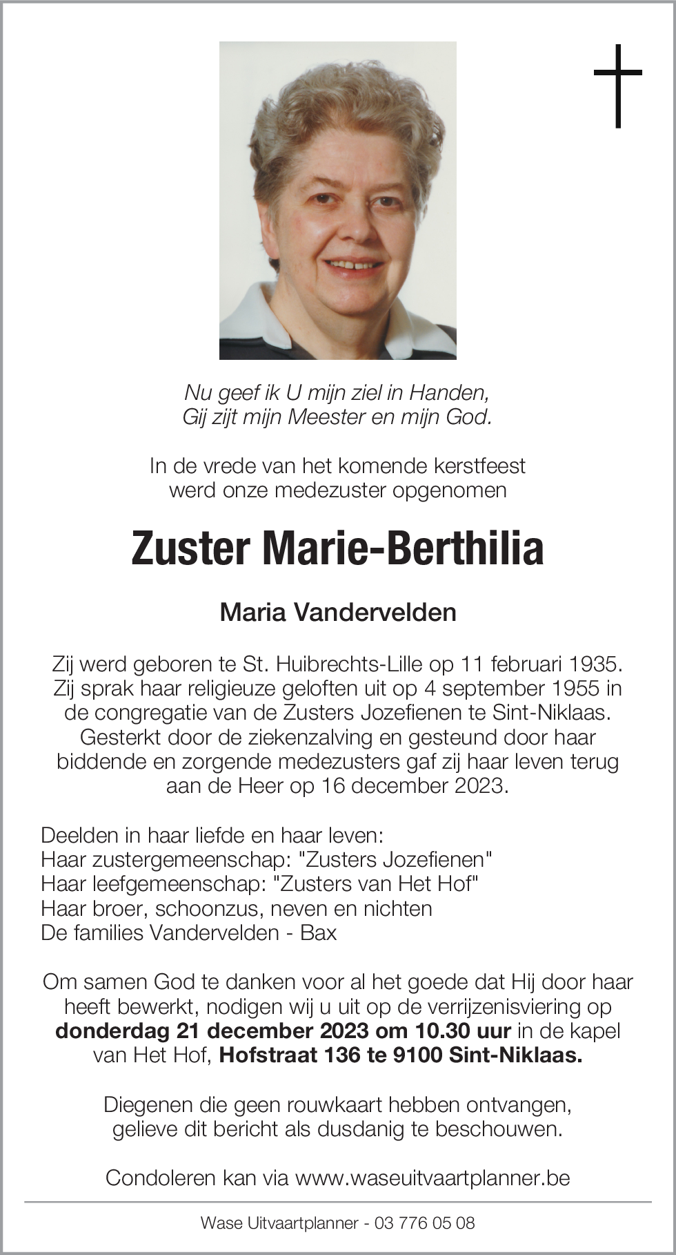 Zuster Marie-Berthilia Vandervelden