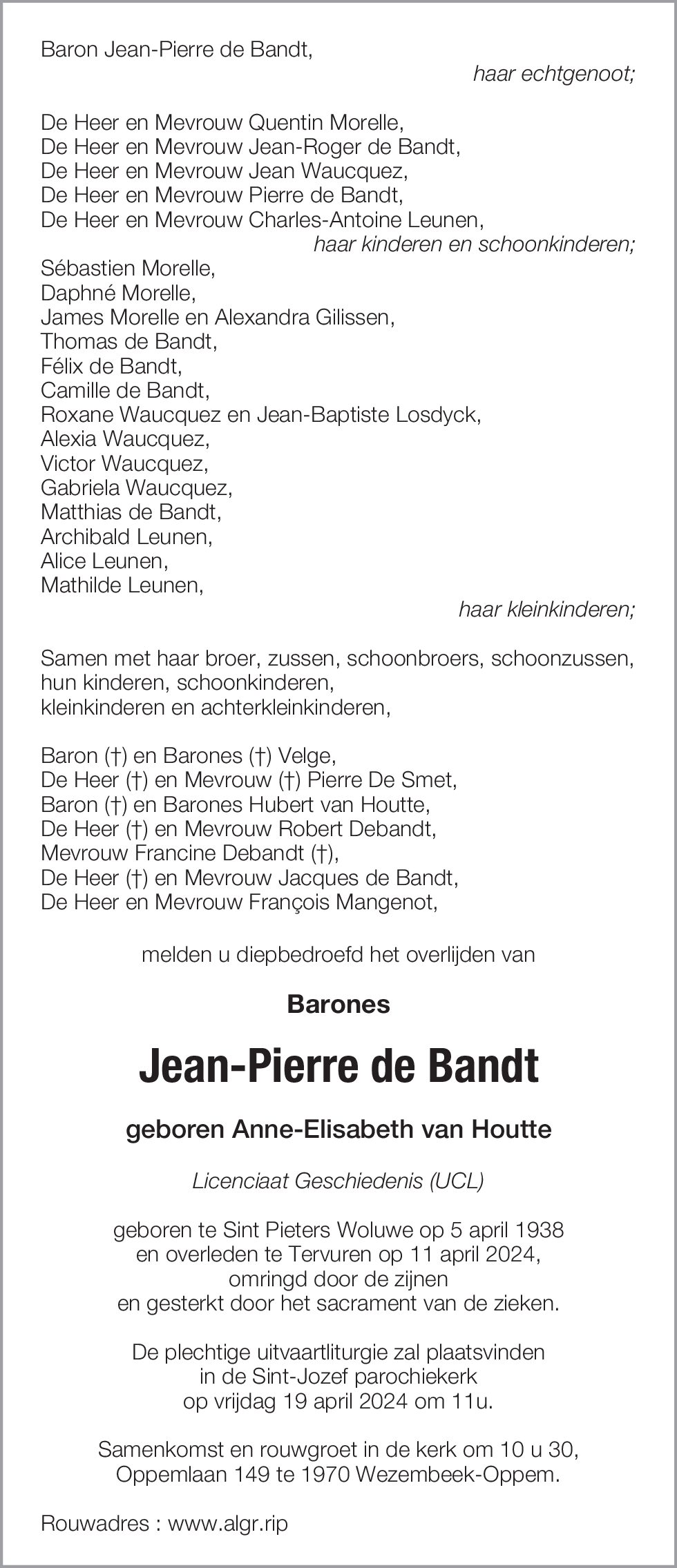 Barones Jean-Pierre de Bandt geboren Anne-Elisabeth van Houtte