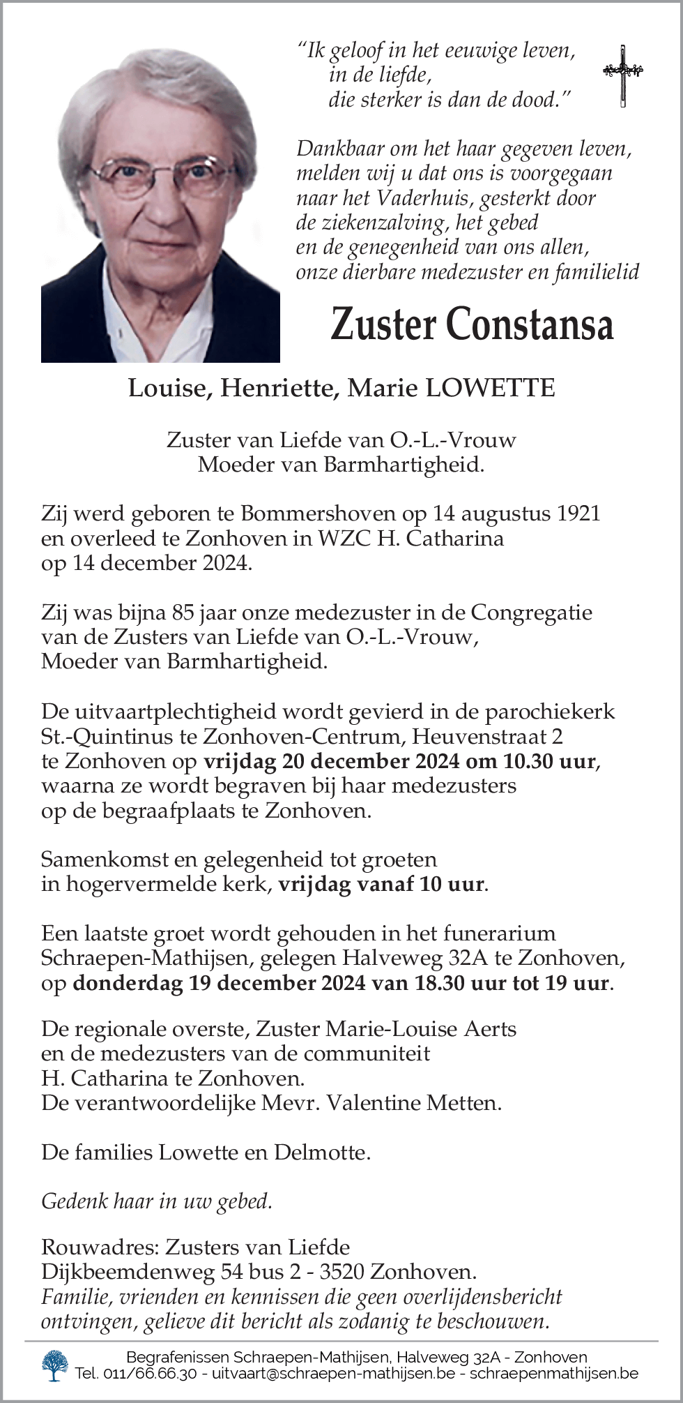 Zuster Constansa Louise Henriette Marie Lowette